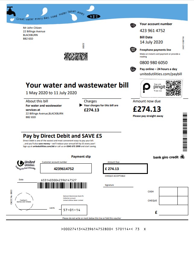 United Kingdom United Utilities water utility bill template in Word and PDF format